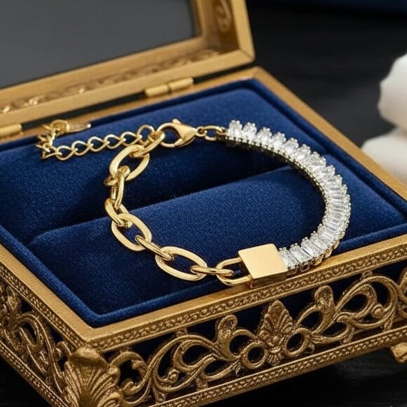 ποΈ 18K Gold Plated Bracelet With Sparkling Zirconia Baguettes & Padlock Design - Picture 6 of 14